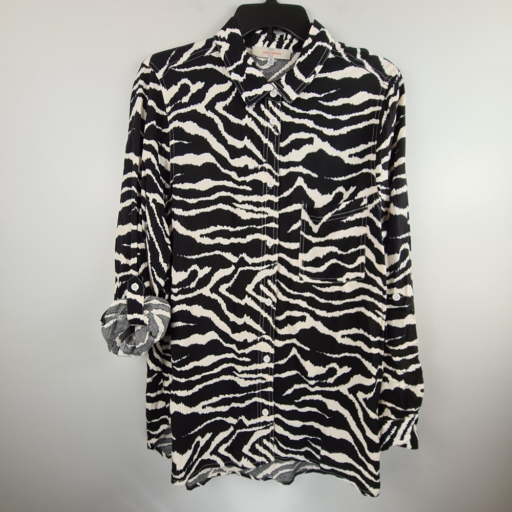 Casa Cabana Zebra Print Button Down Shirt XL Black White Rayon Roll Tab Sleeve
